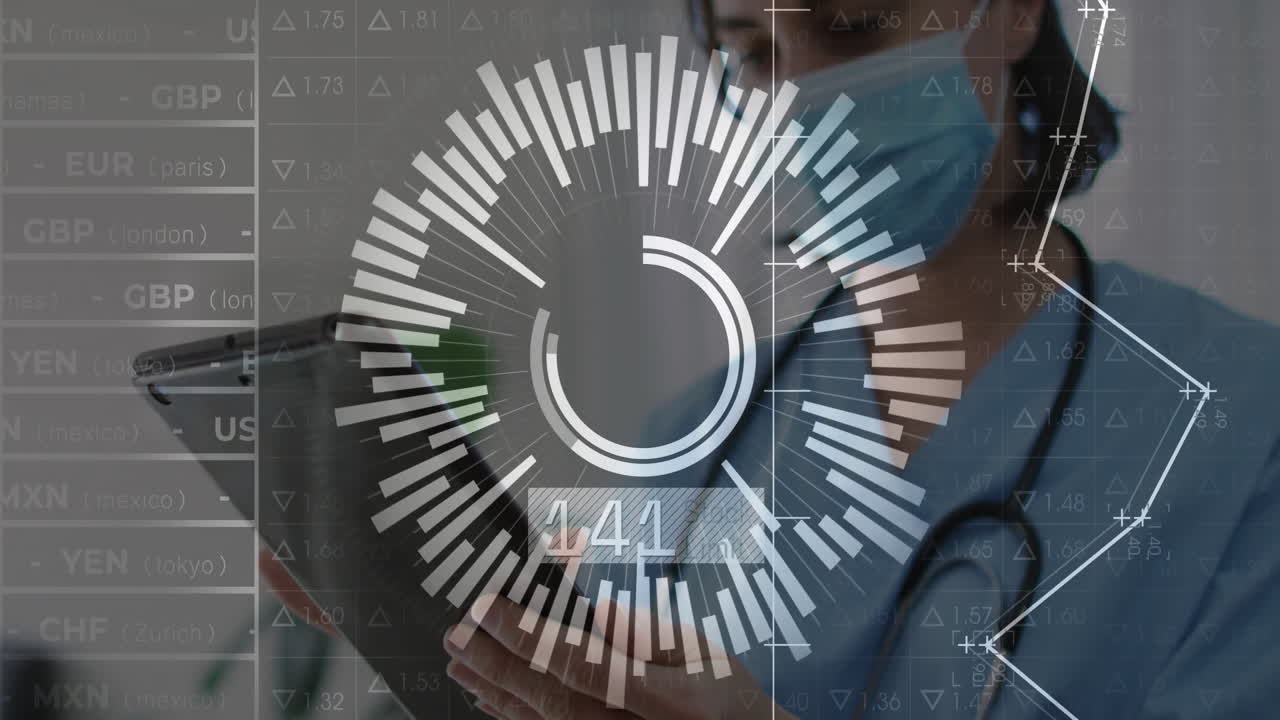 Female medical professional wearing stethoscope using tablet with digital HUD showing chart data