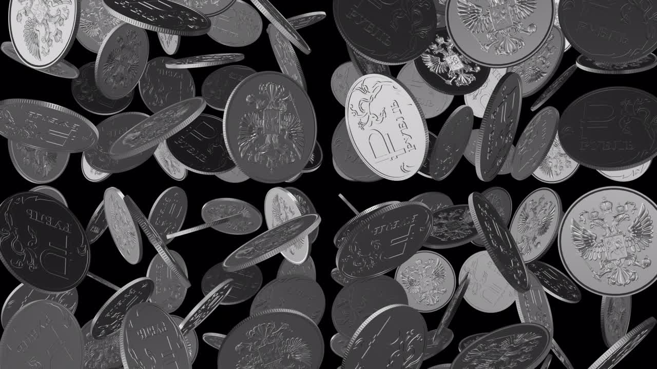 las monedas de plata y los símbolos de la moneda rusa rublo euro giran y se encienden en fondo alfa. animación de bucle 4k alfa
