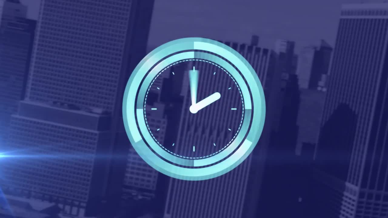 animación del reloj moviéndose rápidamente sobre el paisaje urbano