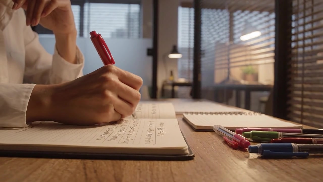 Focused Writing Session: A Hand Writing Notes in a Notebook with Colorful Pens on a Wooden Desk in a Modern Workspace with Soft Lighting