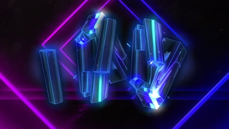 animación de formas cristalinas azules y formas cuadradas de neón en un patrón sin costuras sobre fondo negro