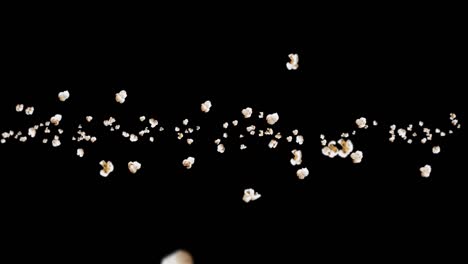 flying many popcorns on black background. white salty popcorn. healthy food. corn seed. 3d loop animation of popcorn rotating.