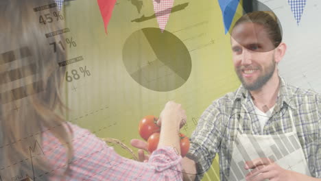 animación de análisis de datos comerciales sobre personas que intercambian tomates en el mercado