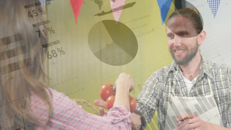 business data analytics animation over people exchanging tomatoes at market