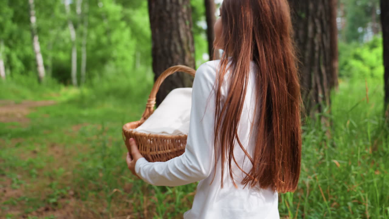 Menina feliz pega cesta de piquenique do irmão mais velho e entra em uma floresta verde com um sorriso radiante, com a luz do sol brilhando através das árvores, um momento familiar ao ar livre que simboliza alegria e união na natureza.