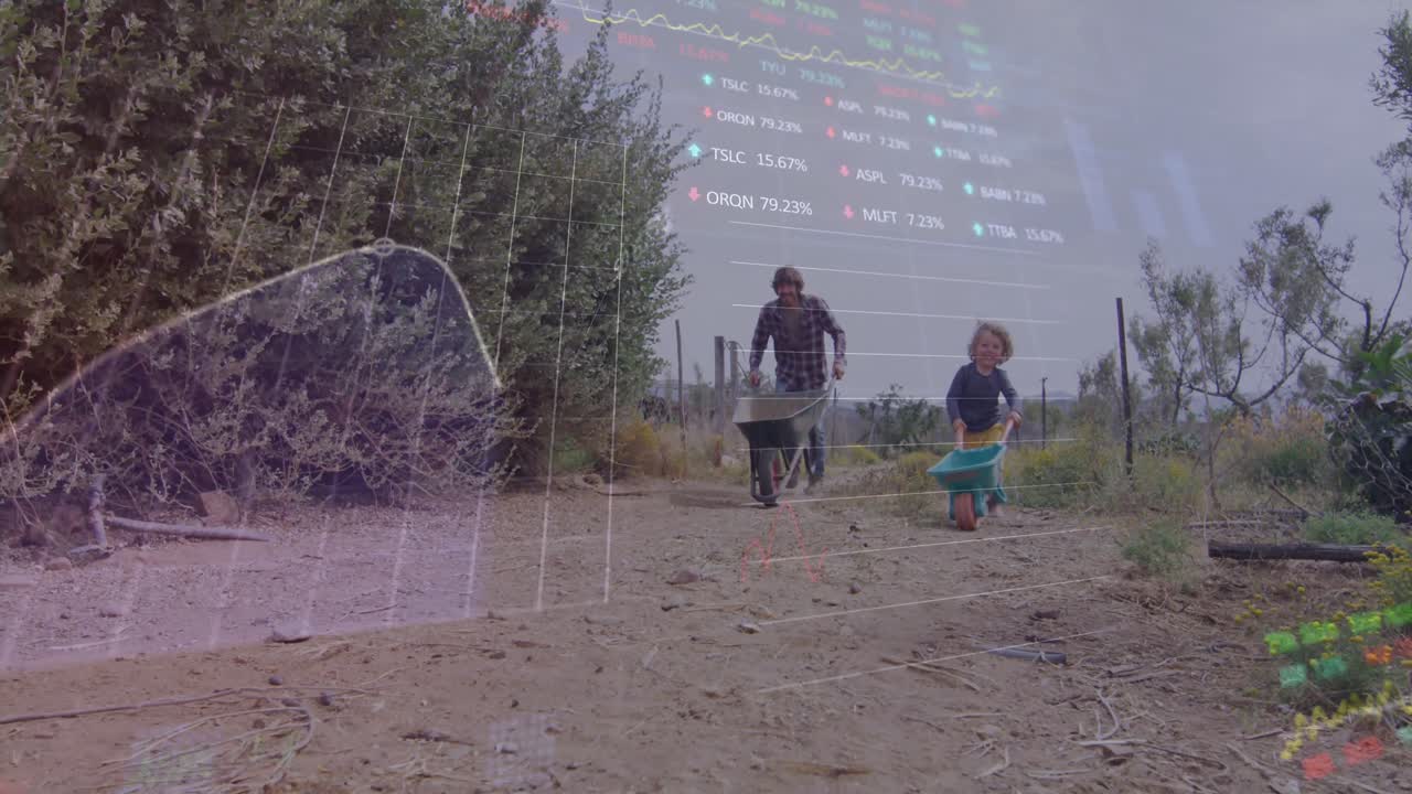 정원에서 일하는 백인 남성과 그의 아들에 대한 금융 데이터 처리 애니메이션