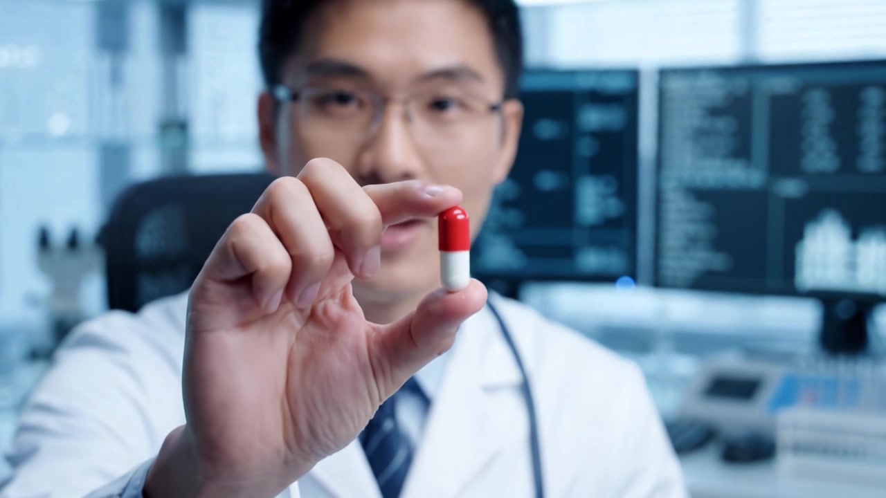 Un ricercatore fiducioso presenta una capsula di farmaco innovativa in un laboratorio moderno, mostrando gli ultimi progressi nella scienza farmaceutica e nella tecnologia sanitaria