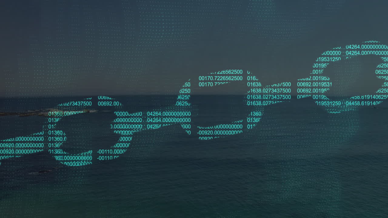 Animation of DNA strand forming from binary code over ocean landscape