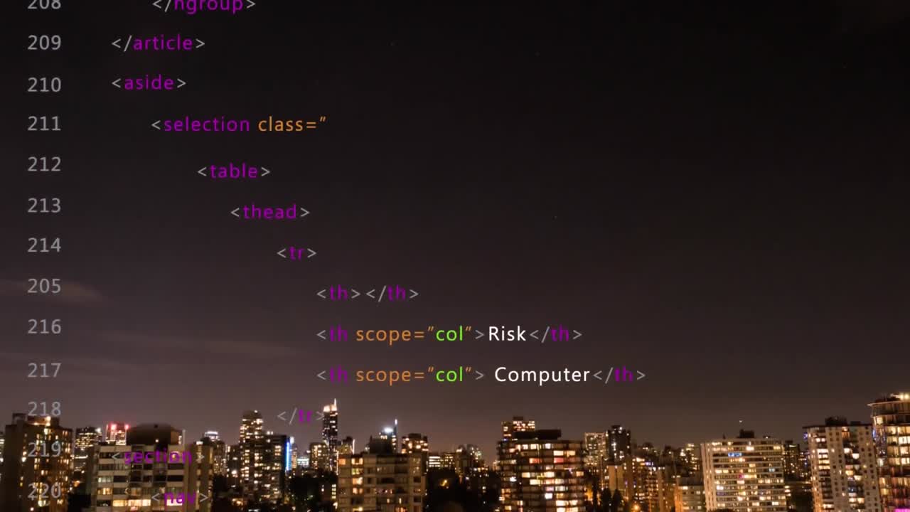 animation de chiffres et de langage informatique sur la ville moderne éclairée contre le ciel nocturne