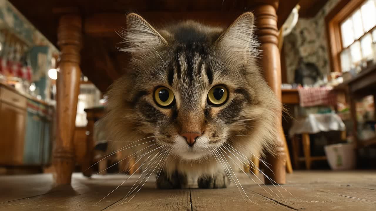 A Curious Cat Exploring Its Cozy Home Environment Underneath a Table, Capturing the Essence of Feline Curiosity and Domestic Life