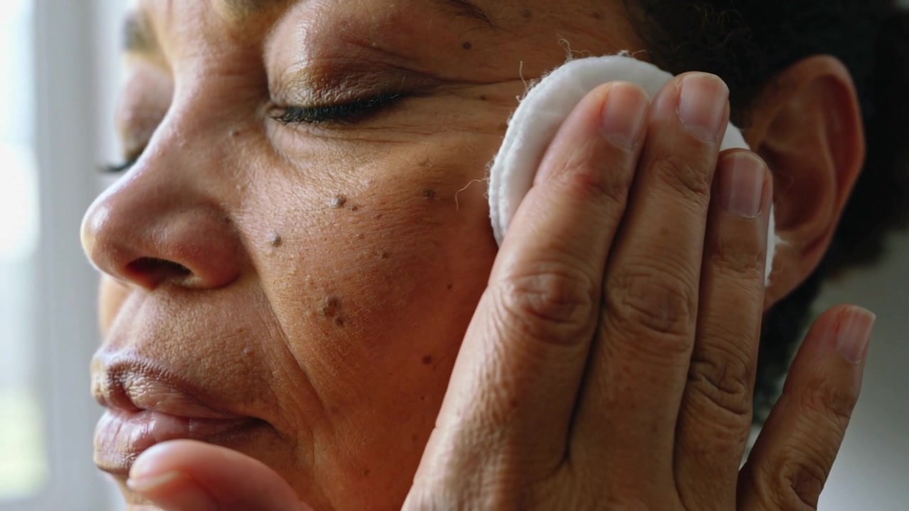 Closing eyes, woman pressing round cotton pad along left cheek at home window for skincare