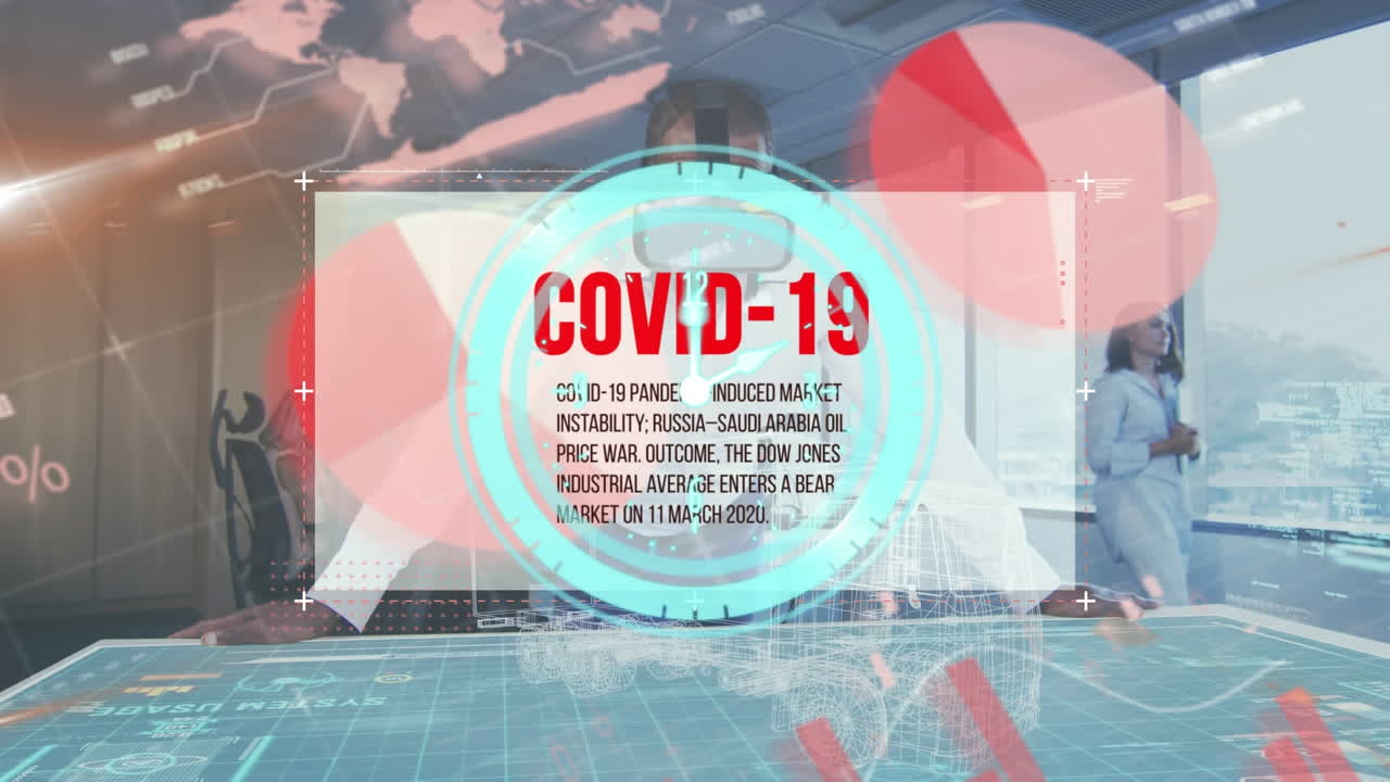 Animation of covid 19 text with information and data processing over man in vr headset in office