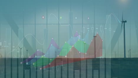Animation-Der-Statistischen-Datenverarbeitung-über-Sich-Drehenden-Windmühlen-Auf-Grasland-Vor-Blauem-Himmel