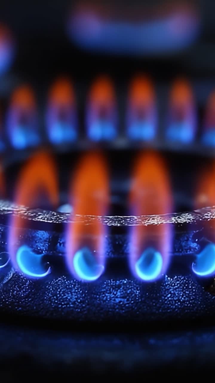 Captivating Flames: A Radiant Display of Gas Burner Flames in Vivid Blue and Orange, Creating a Stunning Contrast Against the Dark Background