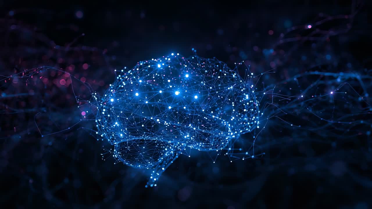 Playing, pulsing neural net brain lighting nodes in dark space, magenta strands showing activity