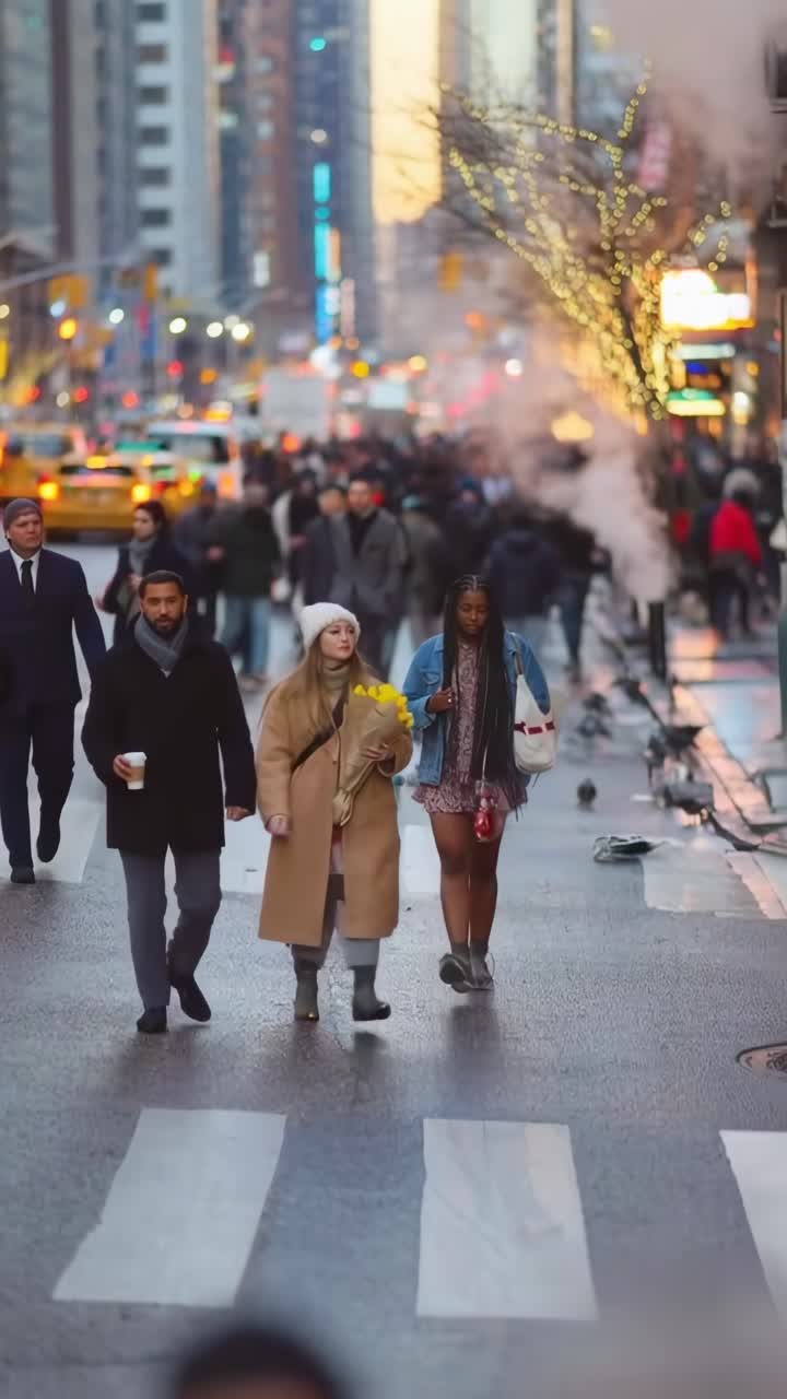 Video a livello della strada di una vivace scena urbana, che cattura diversi pedoni in abbigliamento invernale