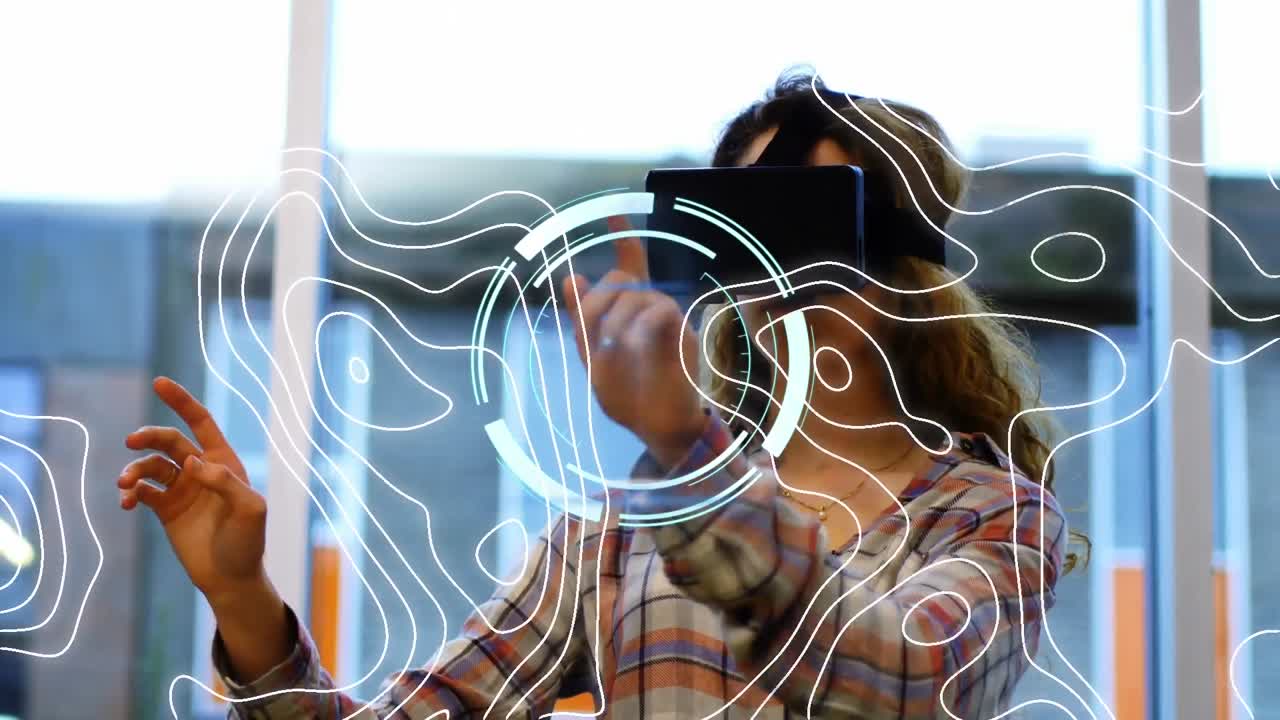 Animation of globe with network of connections over businesswoman wearing vr headset
