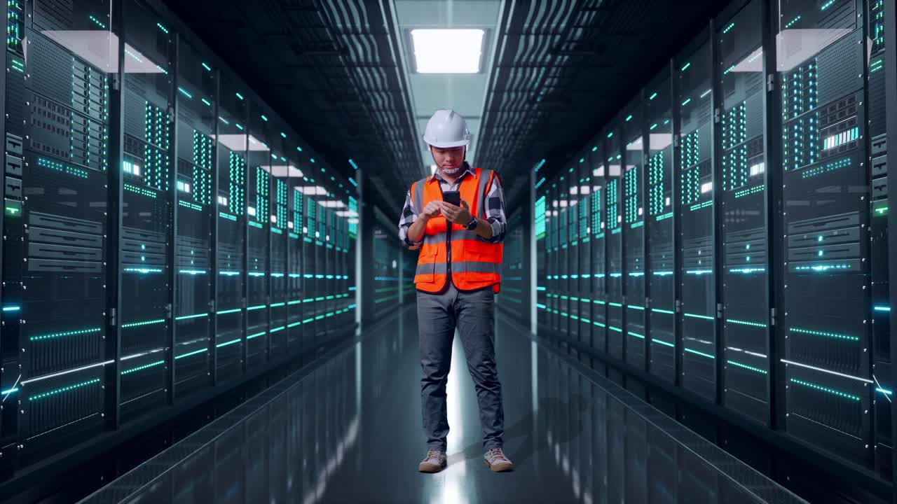 Full Body Of Asian Male Engineer With Safety Helmet Using Smartphone And Looking Around While Standing in Server Room Data Center
