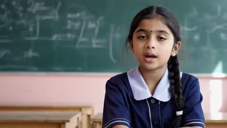 portrait of a confident student girl speaking in a classroom setting. with her arms crossed and a blackboard filled with equations in the background. showcasing the concept of education and learning