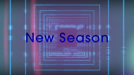 animación del banner de texto de la nueva temporada contra puntos de luz y formas cuadradas en un patrón sin costuras