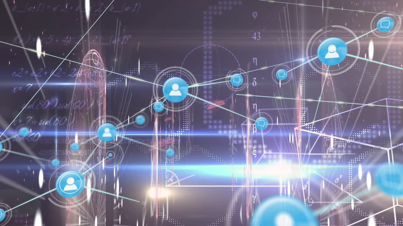 어두운 배경 위에 아이콘으로 연결 네트워크의 애니메이션