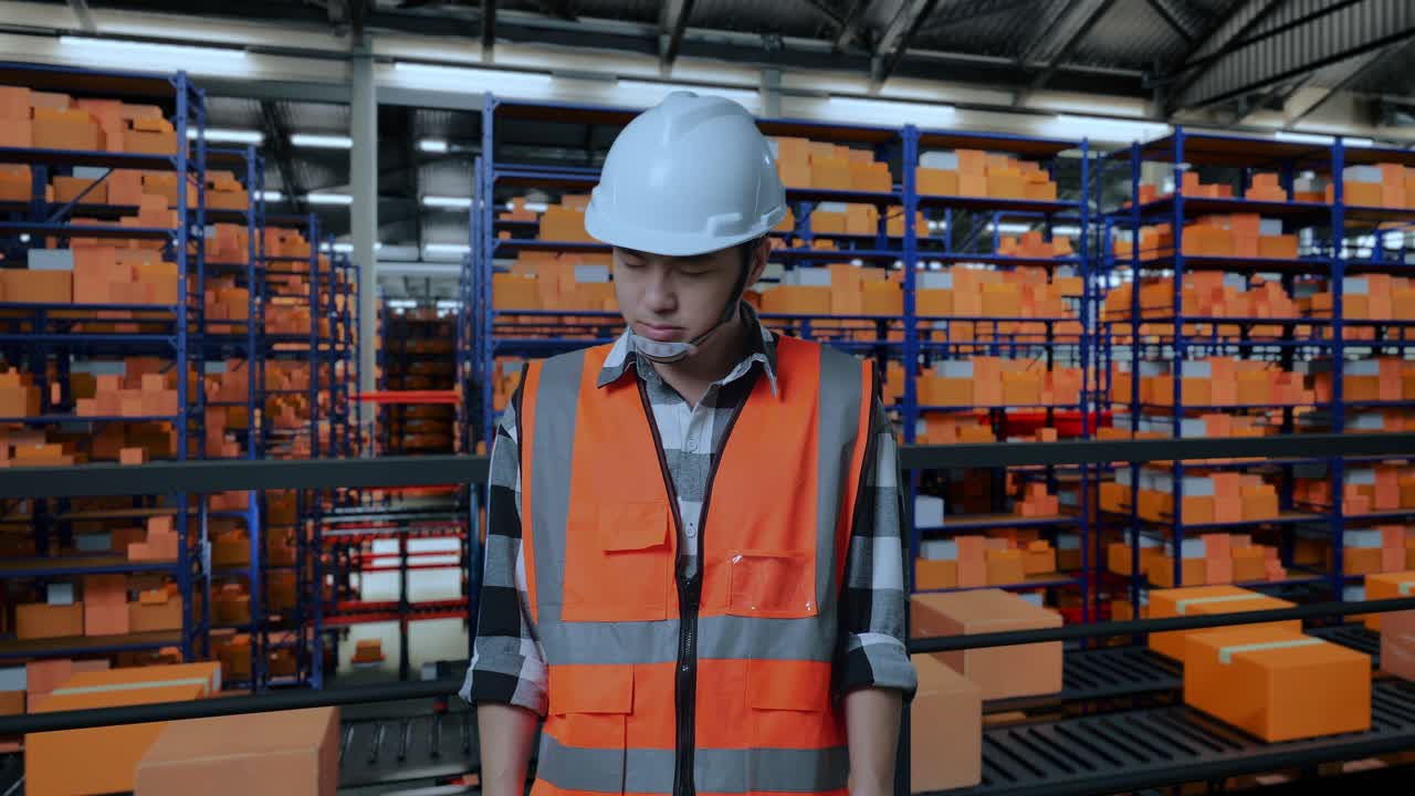 ingeniero masculino asiático con casco de seguridad que tiene dolor de cabeza mientras está de pie en el almacén con estantes llenos de mercancías de entrega
