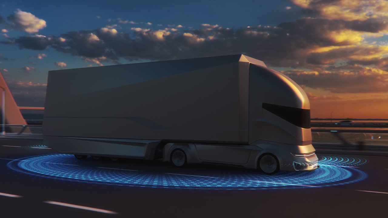 concepto de tecnología futurista: camión de carga autónomo con remolque de carga conduce en la carretera con sensores de escaneo. efectos especiales de un vehículo que analiza la carretera en una noche de puesta de sol.