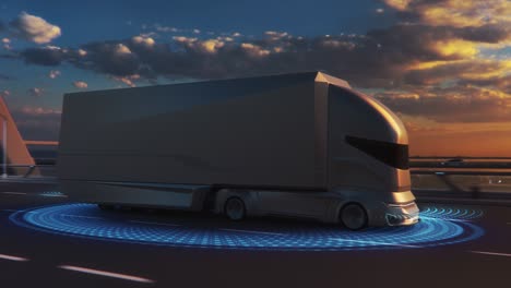 futuristic technology concept: autonomous self-driving lorry truck with cargo trailer drives on the road with scanning sensors. special effects of a vehicle analyzing highway on a sunset evening.