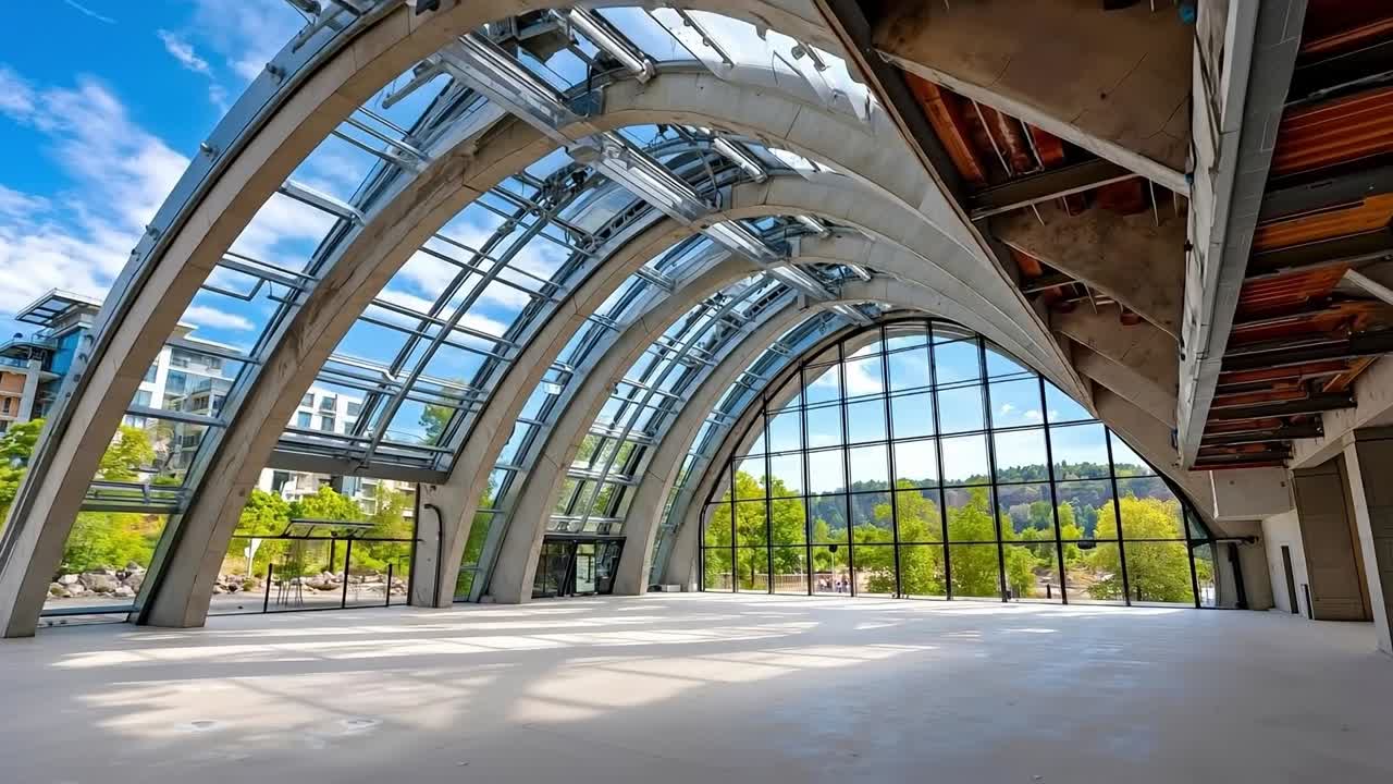 A large empty room with a large glass roof