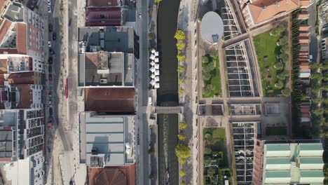 Canal-De-Agua-Y-Paisaje-Urbano-De-Aveiro-En-Vista-Aérea-De-Arriba-Hacia-Abajo