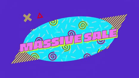 massive sale graphic in blue oval with moving elements on purple background
