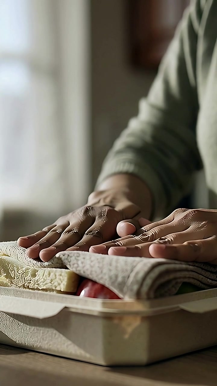 Vertical video: Reaching hands placing napkin and closing clamshell at table packing sandwich
