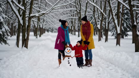 family building a snowman in a snowy park