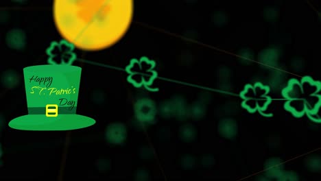animación del día de san patricio, hojas de trébol, monedas y sombrero verde con texto feliz día de san patricio