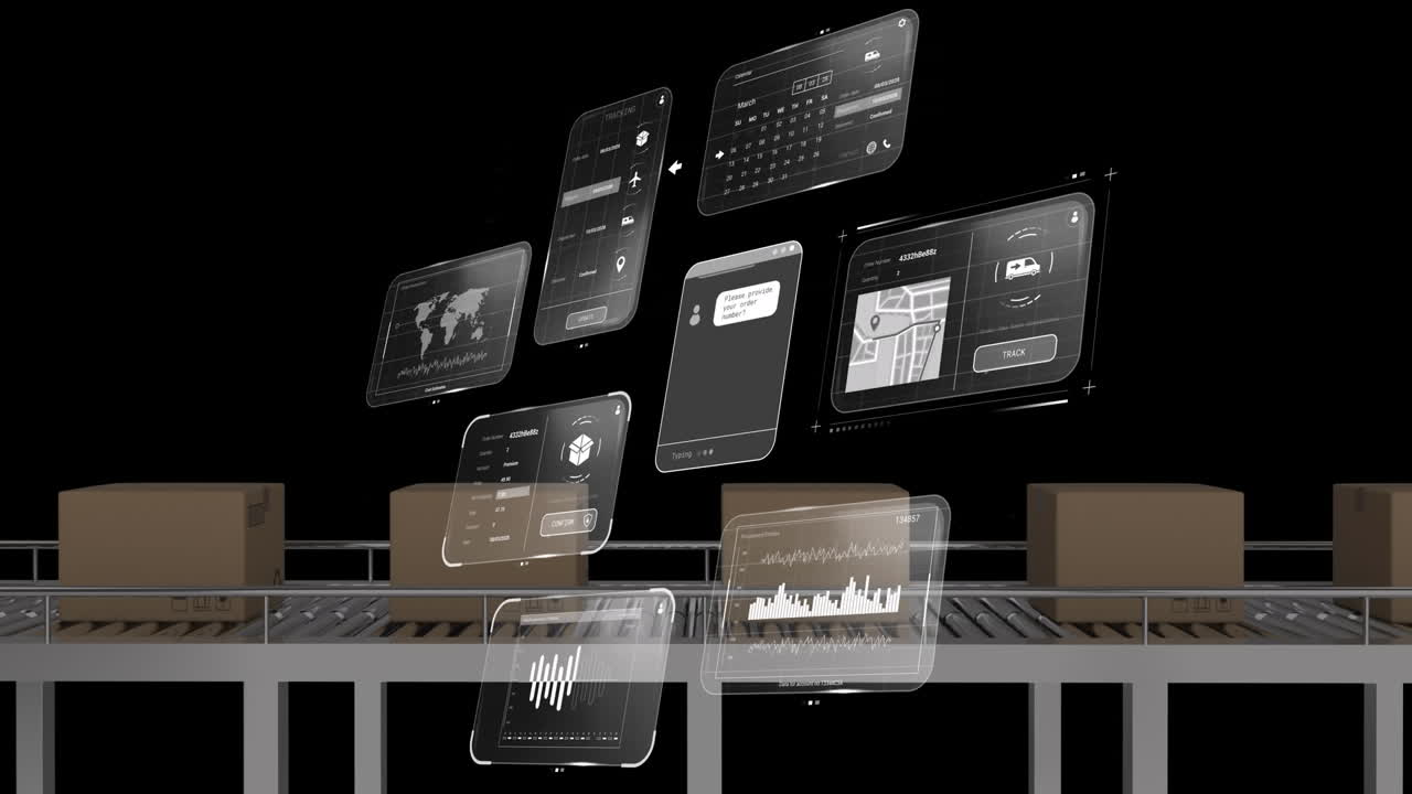 Animation of data on screens over boxes on conveyor belt