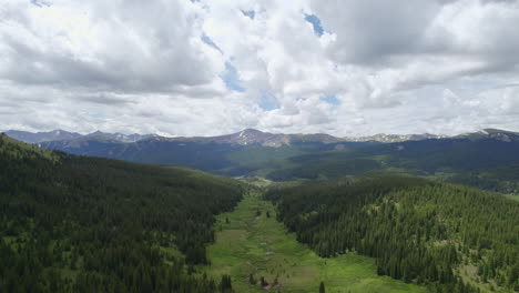 Vista-Aérea-De-Drones-De-Conservación-De-La-Naturaleza-Del-Hermoso-Paisaje-Verde-Y-Exuberante-Del-Valle-De-La-Montaña-Del-Bosque-De-Pinos-Durante-El-Día-Nublado-De-Verano