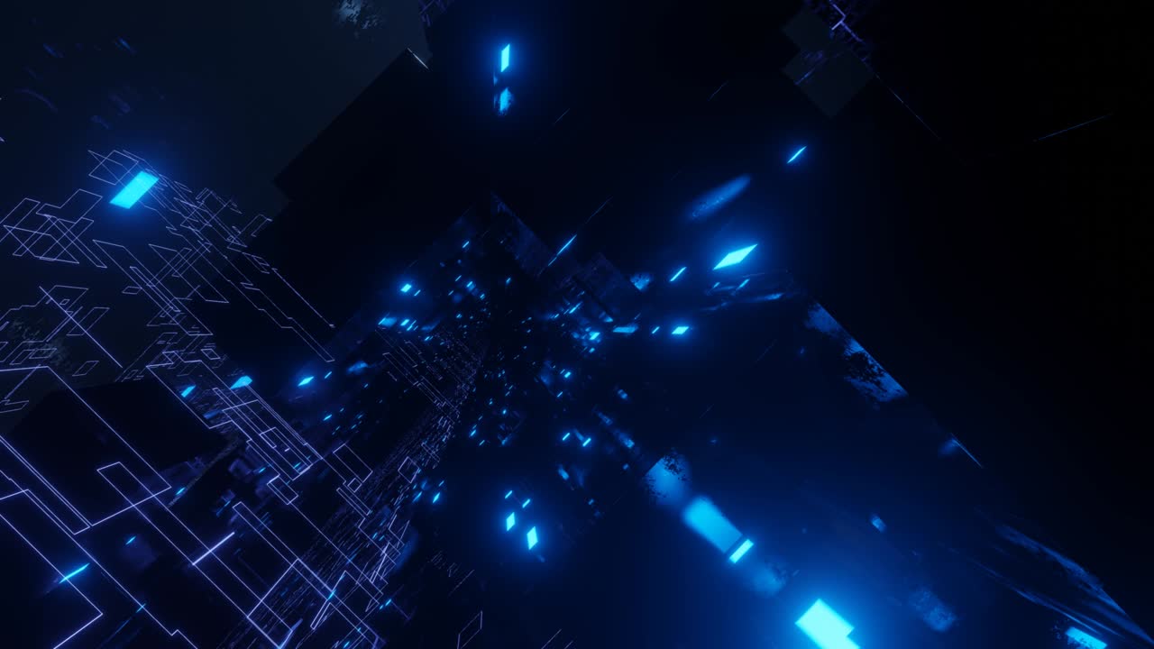 Glow line form pattern like sci-fi hologram. Fly through technology cyberspace with blue neon glow. Sci-fi flight through hi-tech technology tunnel. 3d looped seamless 4k bright background. Data flow