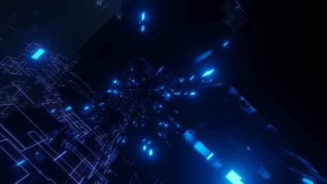 el patrón de forma de línea de brillo como un holograma de ciencia ficción. volar a través del ciberespacio tecnológico con brillo de neón azul. vuelo de ciencia ficción a través del túnel de tecnología de alta tecnología. 3d en bucle sin costuras 4k fondo brillante. flujo de datos