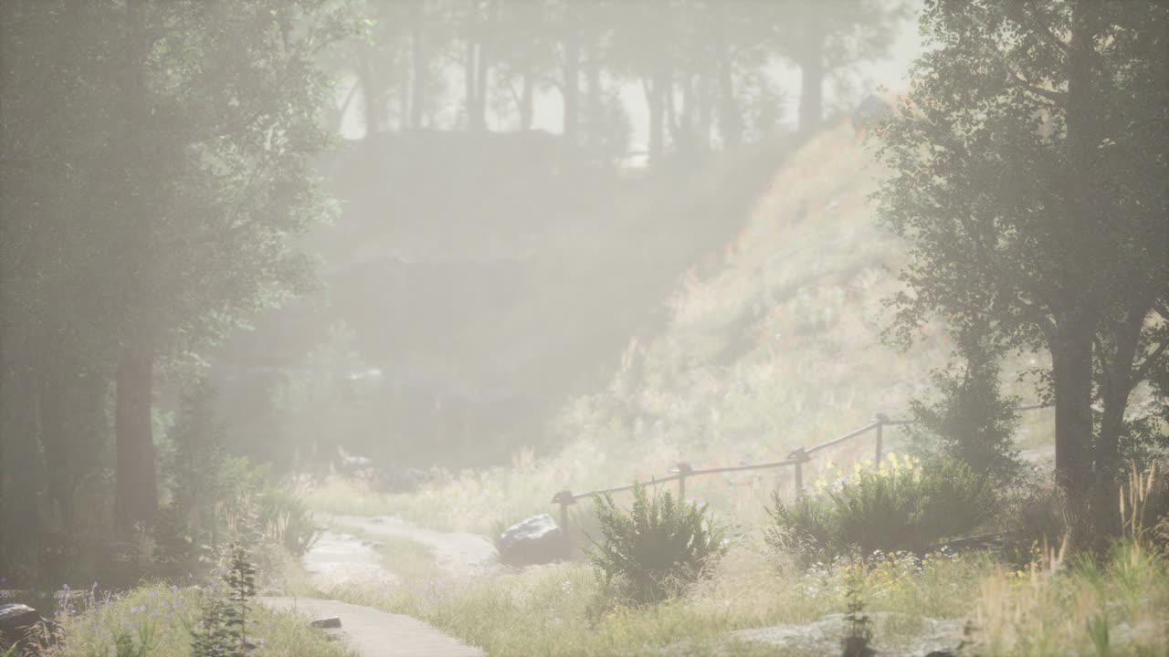 안개 가 가득 한 여름 아침 에  ⁇ 나무 들 에 들어오는  ⁇ 빛