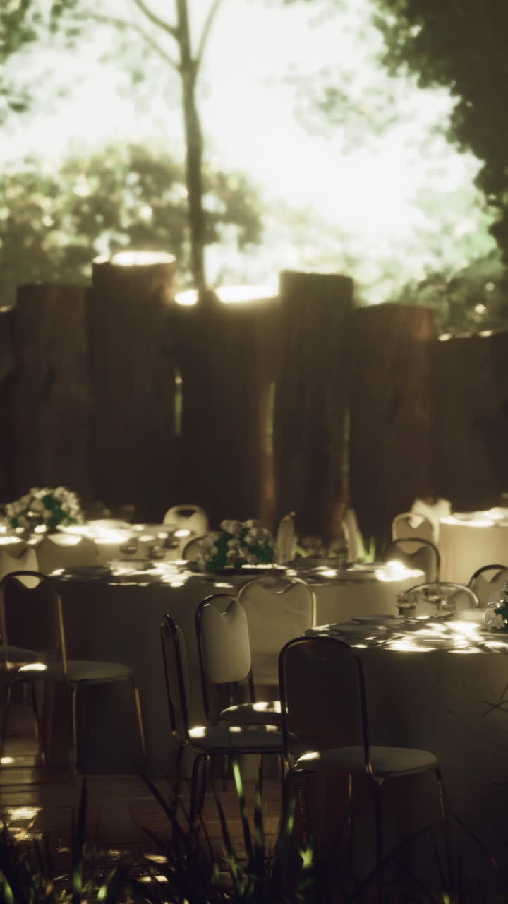 Tables and chairs set for an outdoor gathering in the afternoon light