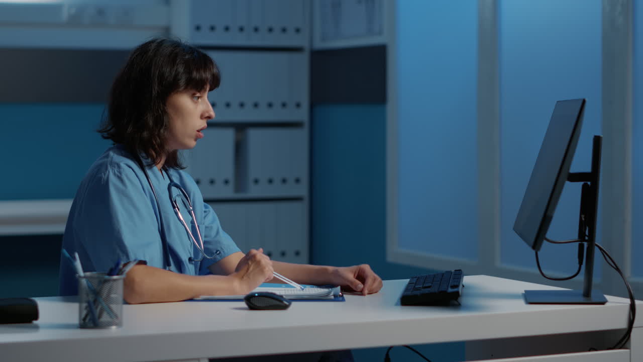 Nurse working on computer at night