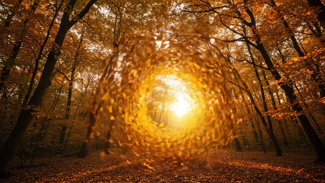 Mesmerizing Golden Portal in Autumn Forest: A Magical Journey Through Falling Leaves and Nature’s Beauty Illuminated by Sunset Glow