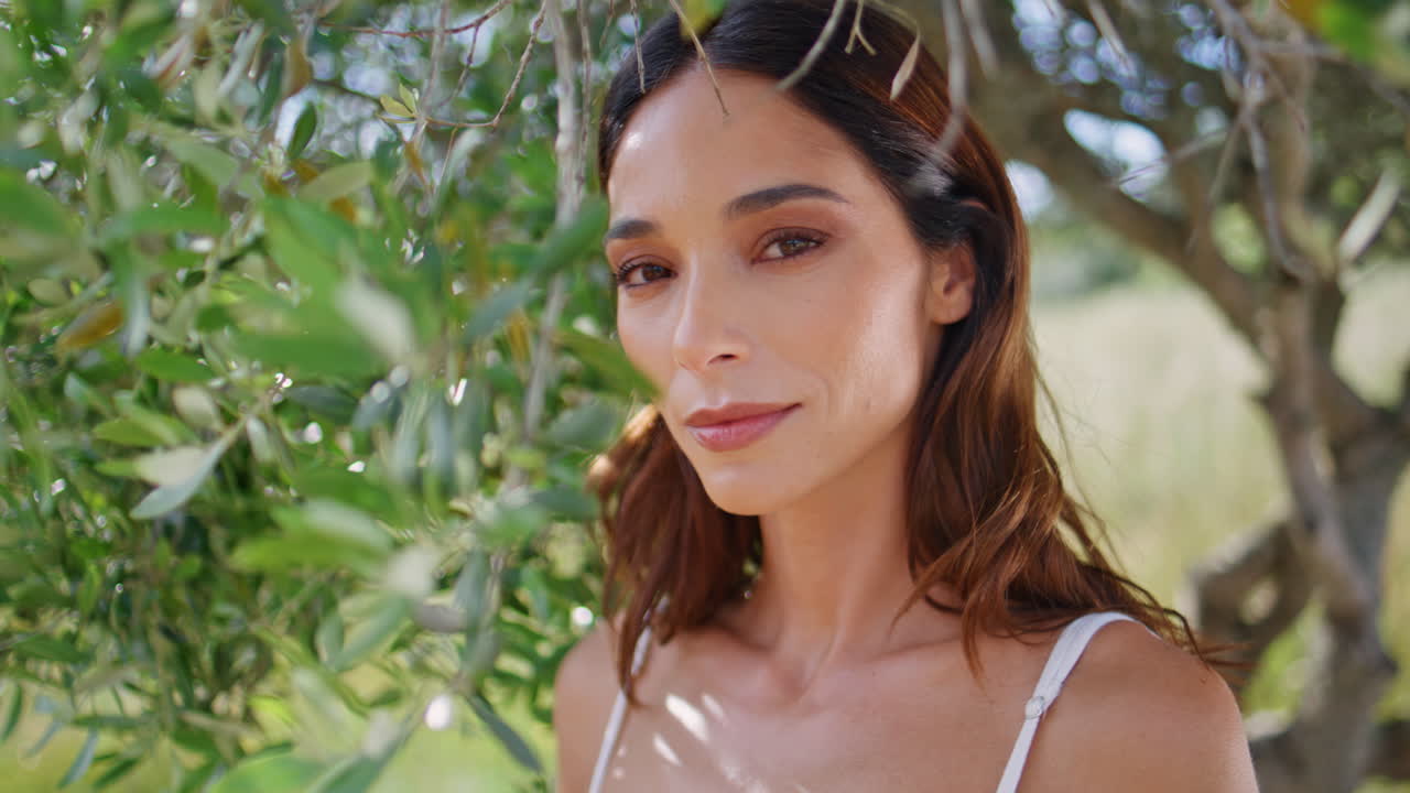 Portrait smiling girl courtyard looking camera confidently. Lady standing nature