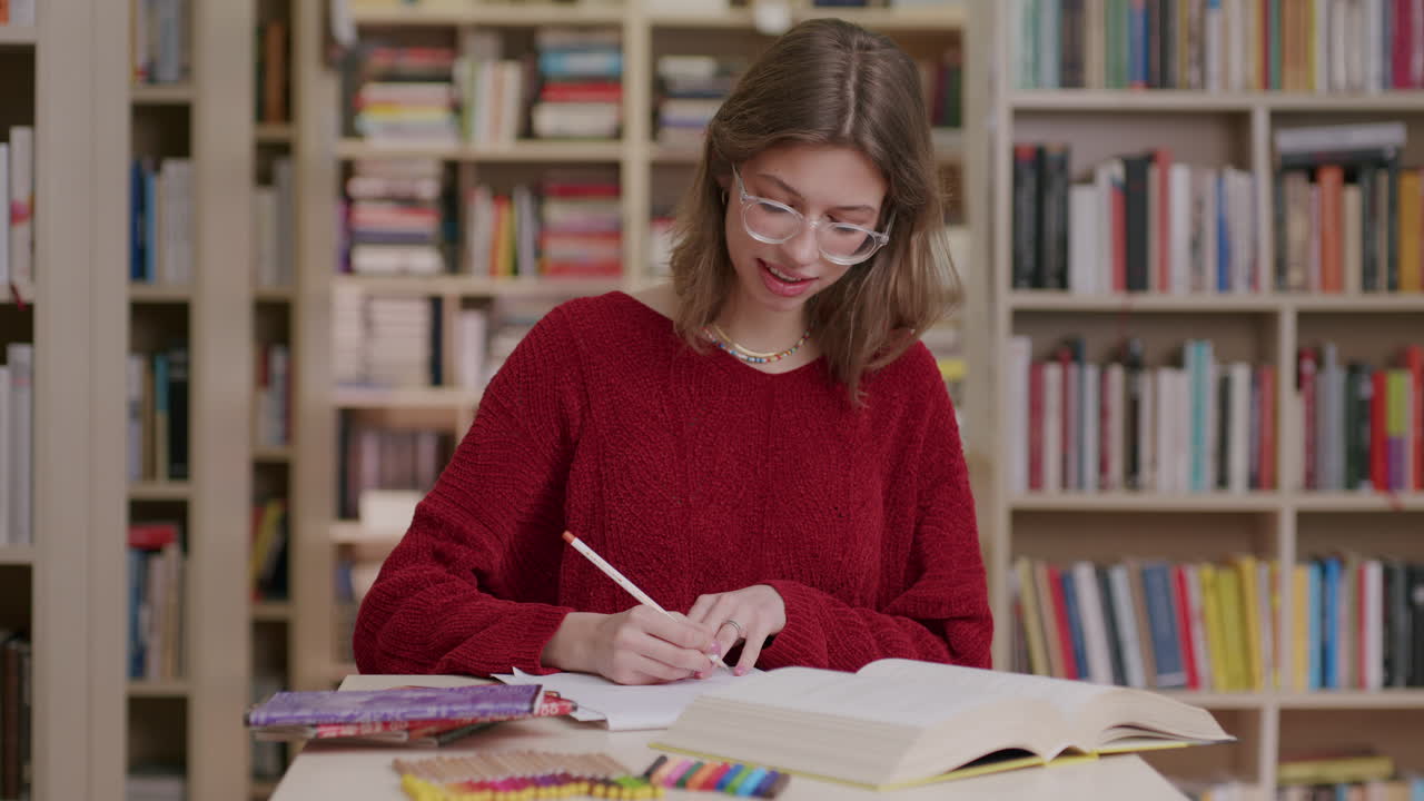 slomo de chica blanca con gafas estudiando en la biblioteca, tiro de medio cuerpo