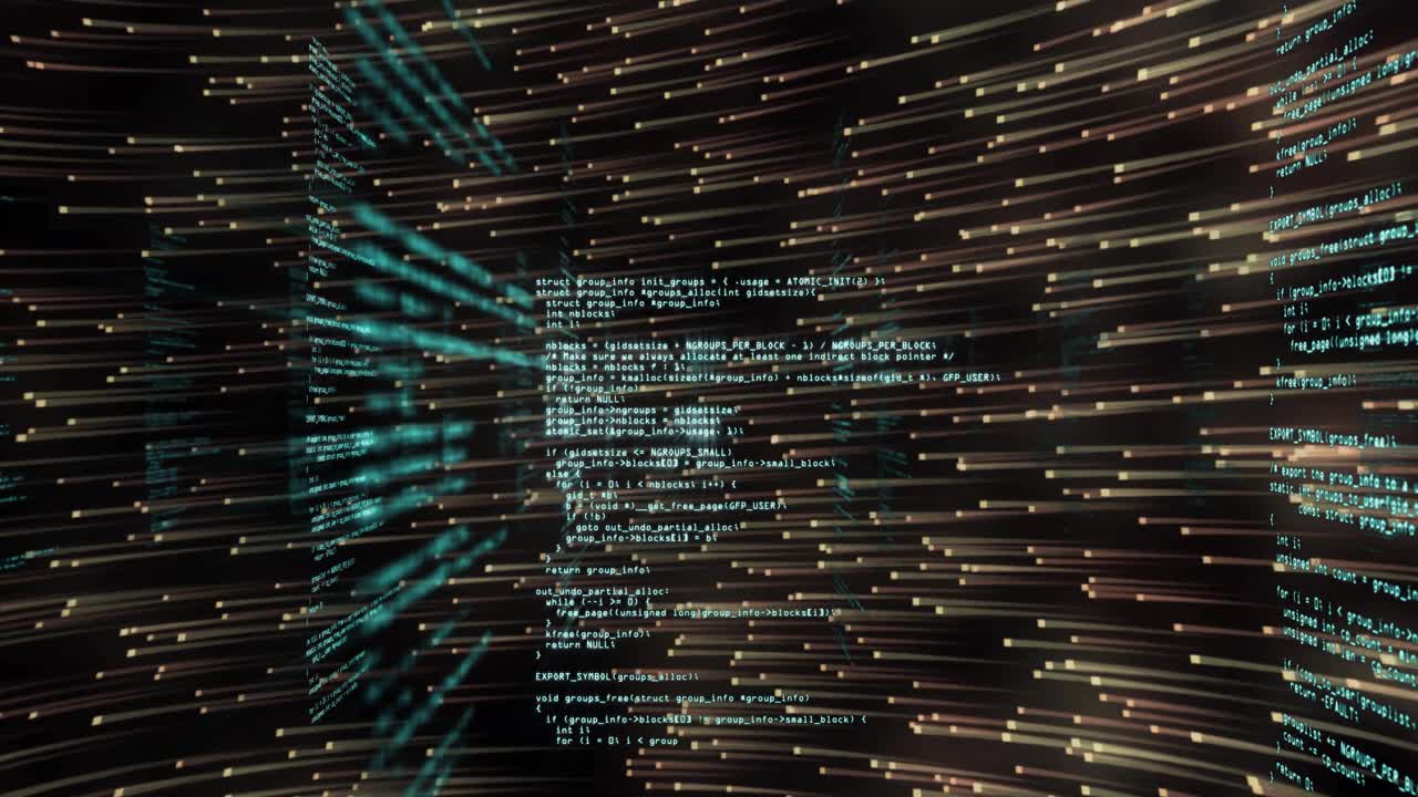 Turquoise code lines and gold dots emerging causing panels streaming rotating visualizing data flow