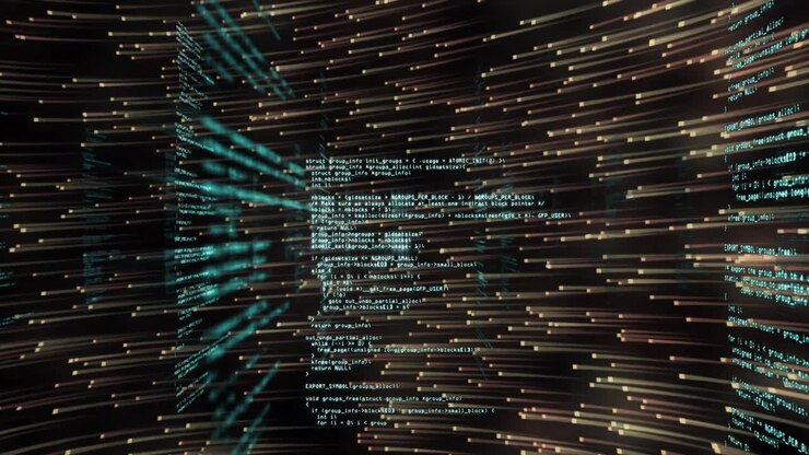 Turquoise code lines and gold dots emerging causing panels streaming rotating visualizing data flow