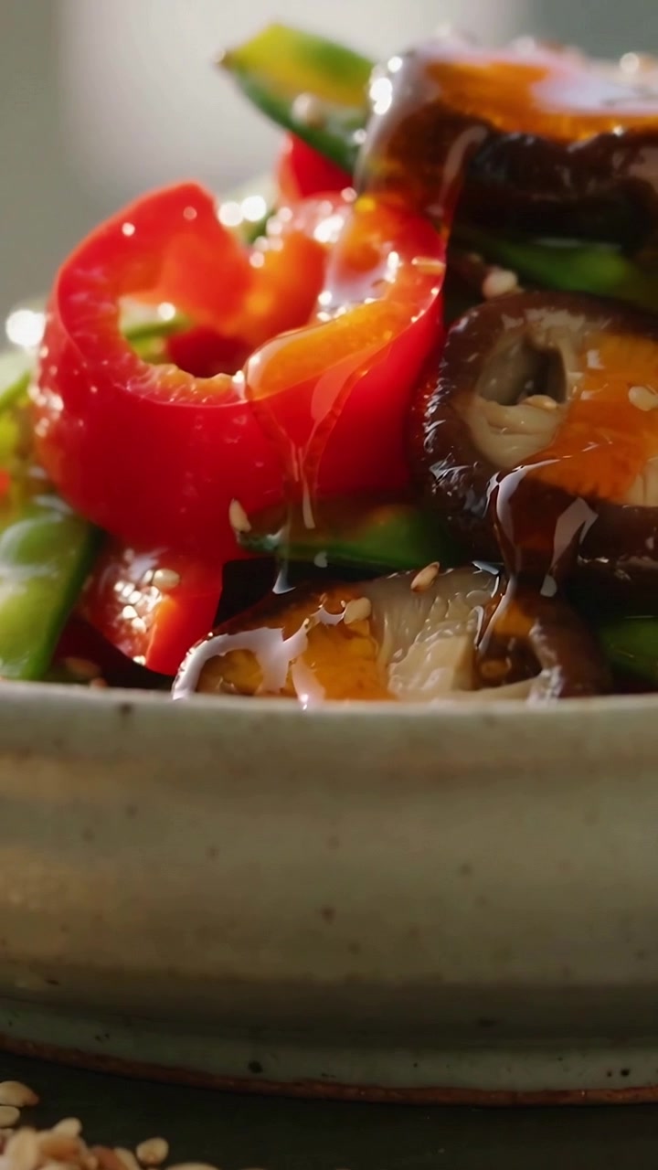 Video verticale: Versando salsa su peperoni e funghi sul bancone, rivelando una ciotola e sesamo per glassare