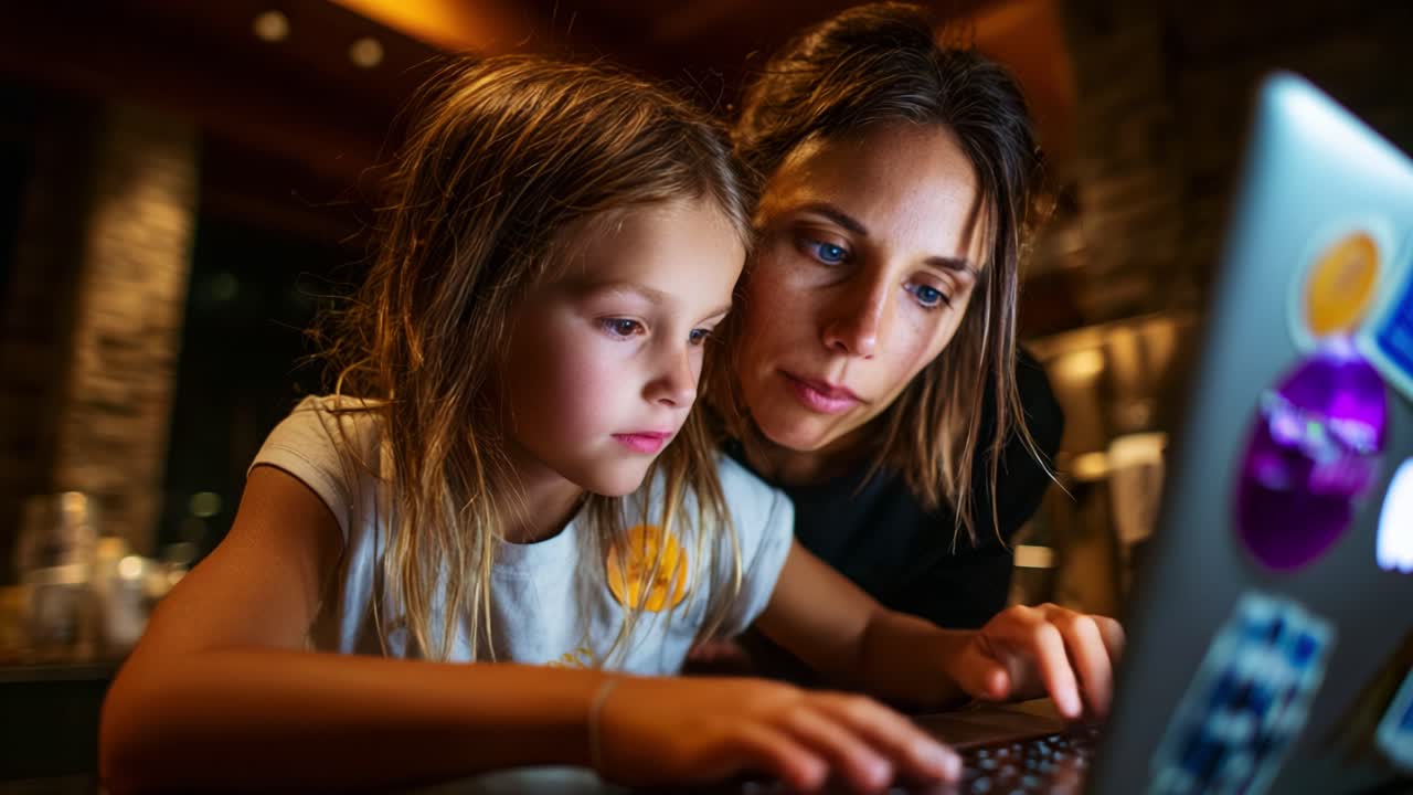 A Heartwarming Moment of a Mother and Daughter Bonding Over Learning on a Laptop in a Cozy Evening Setting, Sharing Joyful and Focused Quality Time Together