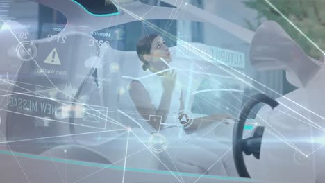 composición digital de la red de conexiones y procesamiento de datos contra la mujer caucásica sentada en