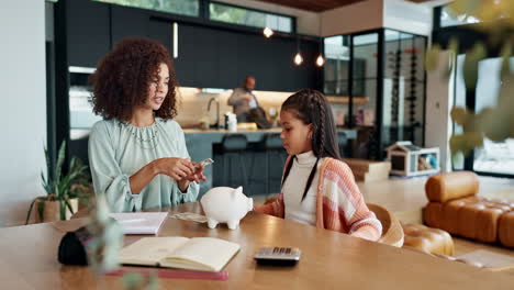 mother teaching her daughter about saving money at home